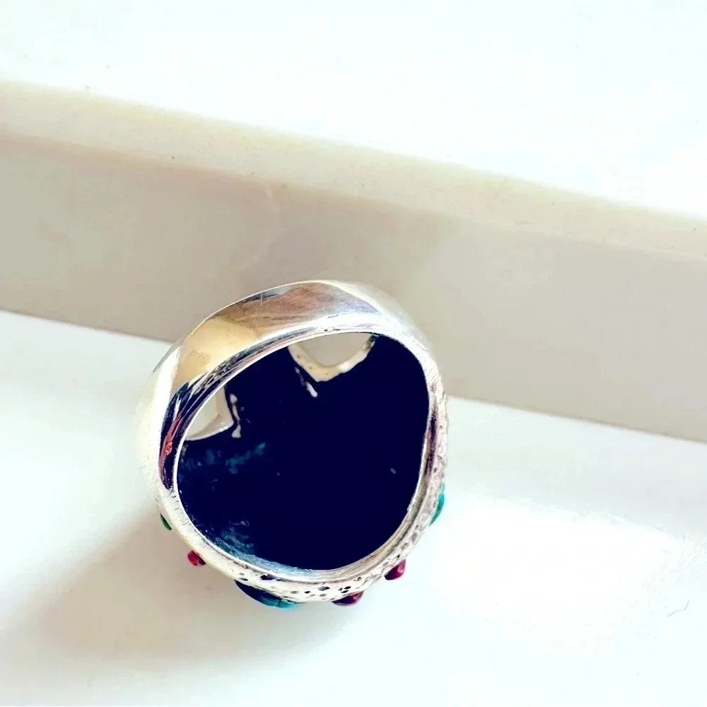 Handmade Sterling Silver & Multi Stone Inlay Skull/Biker/Rocker Ring Size 9.5